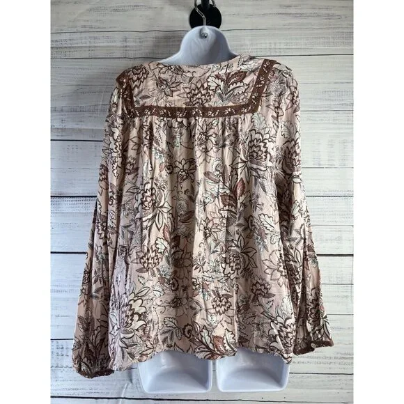 J Jill Women's L Tunic Blouse Long Sleeve Lace Floral Split V-Neck Pink/Brown - Picture 5 of 11